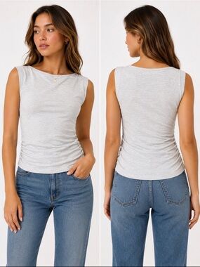 American Eagle Boat Neck White Heather Rouched Women’s Medium